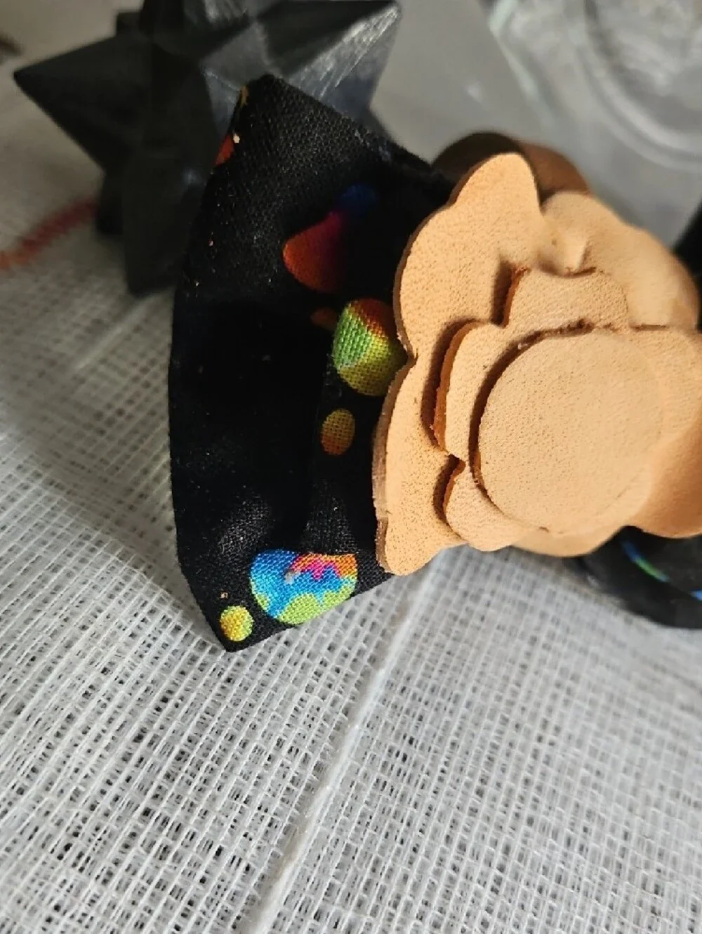Hand Crafted Black Neon Paw Print Bow Tie with Tan Leather Flower Avcent NEW
